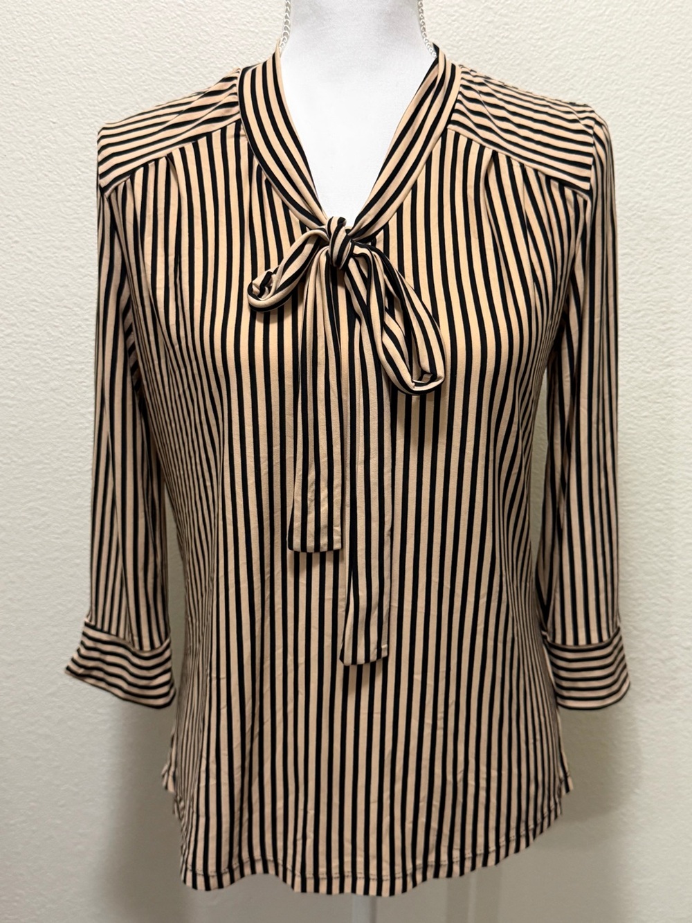 Liz McCoy tan and black striped blouse with v=neckline bow, size small